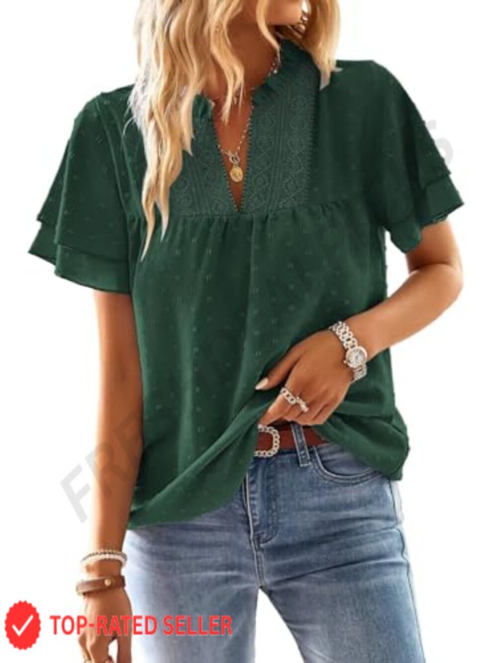 Womens V Neck Crochet Lace Blouse Butterfly Short Sleeve Swiss Dots Top